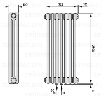 Схема (чертеж) Радиатор Zehnder Charleston 3280/7 №5410 Белый глянцевый RAL 9016